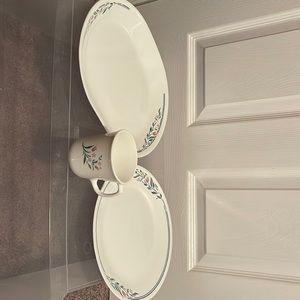 Corelle and Corning Rosemarie Serving Platter 12 x 10 dinner plate & coffee cup.